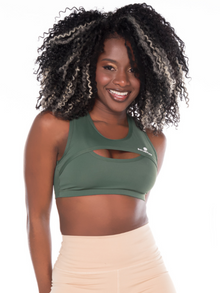  Front Cut Sport Bra- Green Army