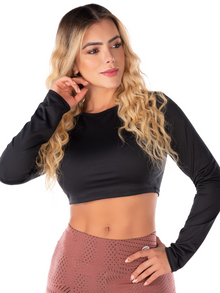  Hoddie long-sleeve crop top-Black