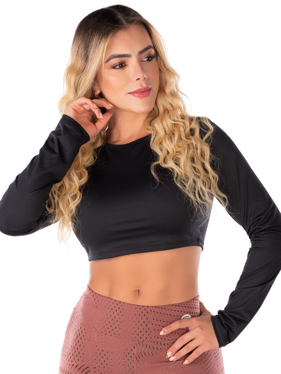 Hoddie long-sleeve crop top-Black